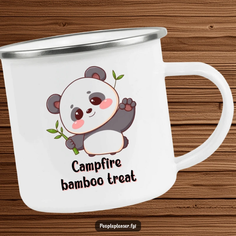 Funny camping mug featuring a blushing panda character offering a single bamboo shoot with a sweet smile, perfect for outdoor enjoyment.