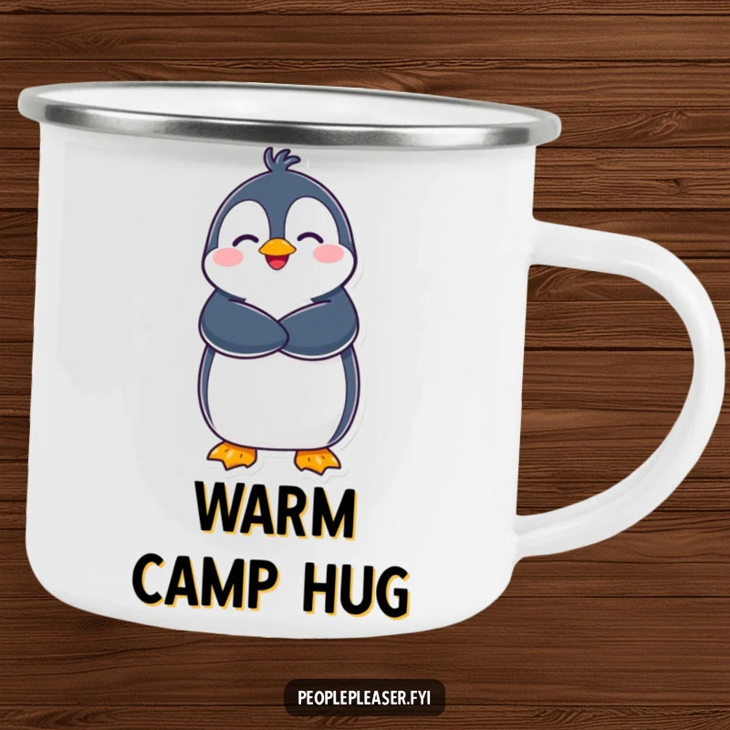 Funny Penguin Camping Mug: A delighted penguin character offers a warm hug, perfect for chilly camping nights. Perfect funny gift!