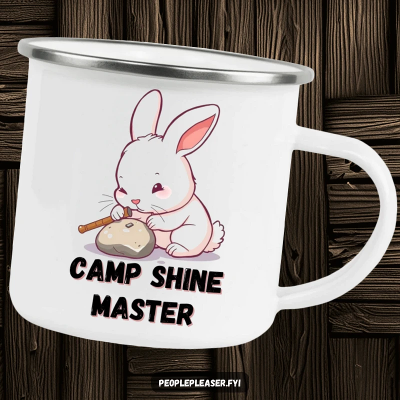 Funny rabbit camping mug, meticulously polishing an object until it shines, ready for outdoor adventures with a humorous focus on detail.