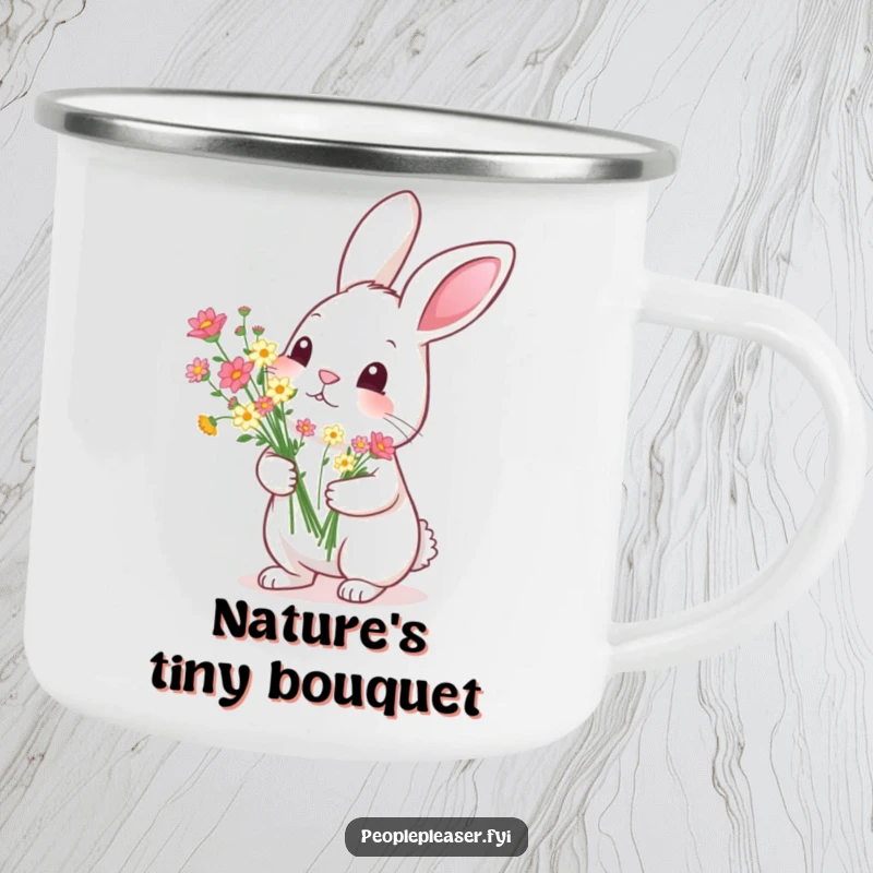 Funny Camping Mug: A diligent rabbit proudly presents a bouquet of tiny flowers, a humorous and rustic design for outdoor enthusiasts.