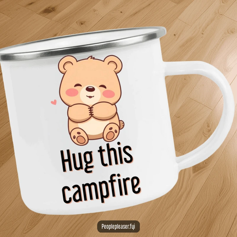 Funny camping mug with a smiling bear character offering a warm hug, perfect for outdoor adventures and cozy drinks.