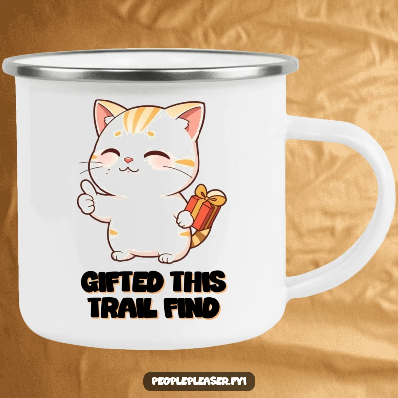 Funny camping mug with a nodding cat character giving a thumbs up and holding a gift, ideal for outdoor adventures.