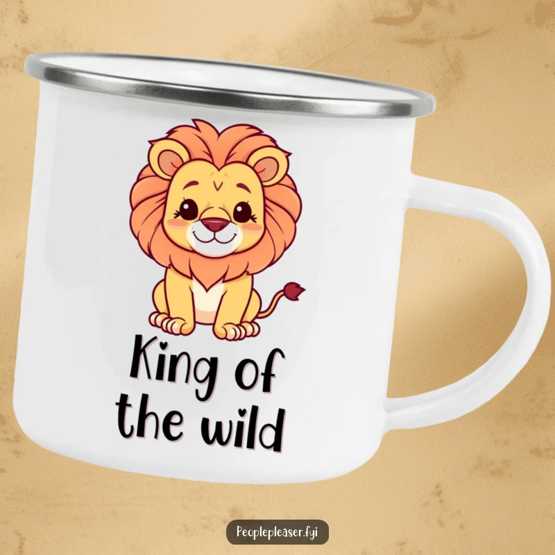 Funny camping mug illustration of a proud lion with a gentle smile, perfect for the regal outdoors person.