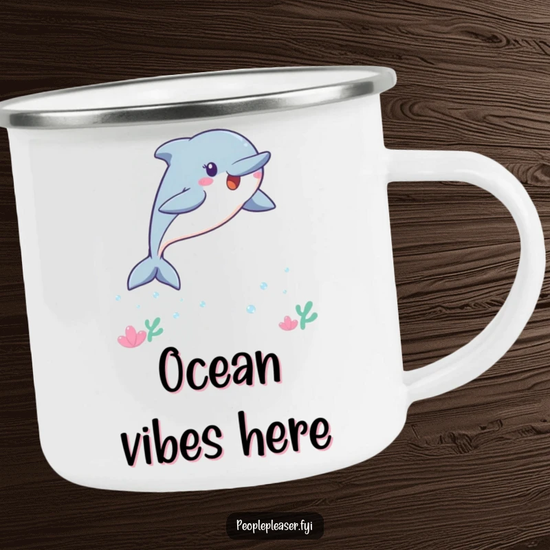 Funny Kawaii dolphin camping mug, a playful dolphin leaping, ready for outdoor adventures and hot beverages.