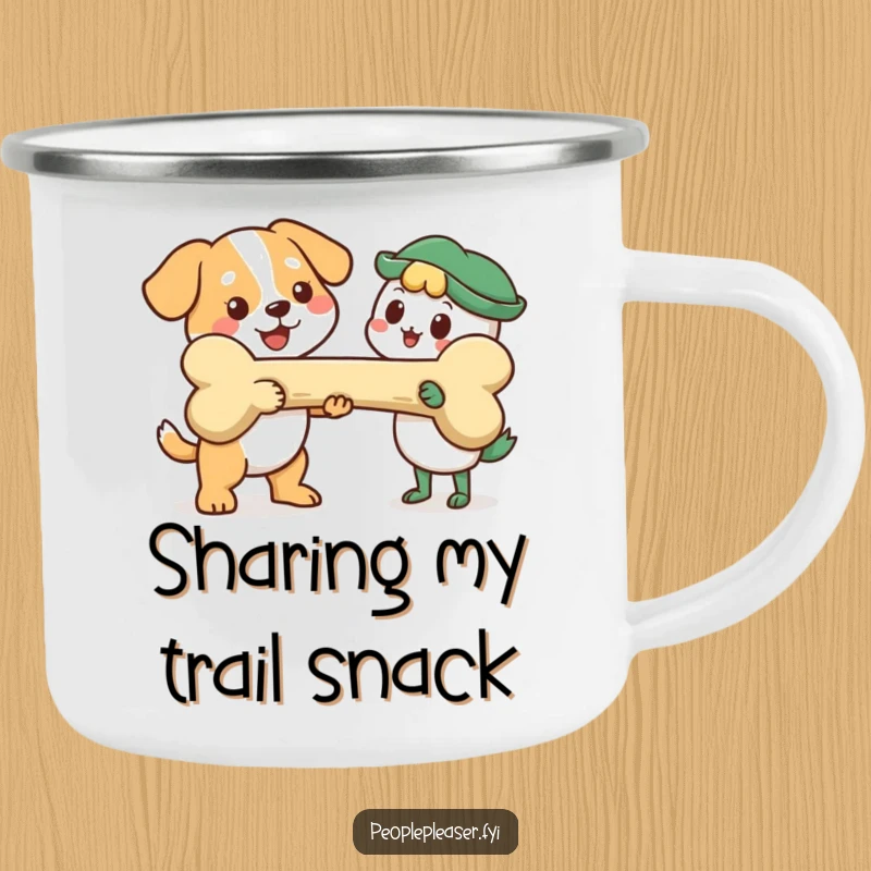 Funny Camping Mug: Cheerful dog character offers a giant bone, ideal for outdoor adventures with a humorous touch.