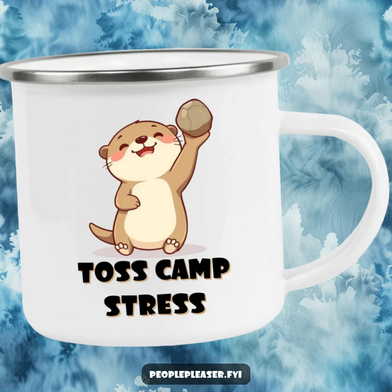 Funny camping mug featuring a delighted otter character gleefully tossing a smooth stone, ready for outdoor adventures and humorous moments.