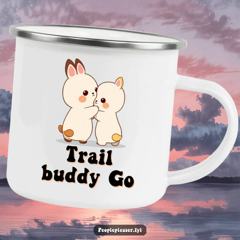 Funny enamel camping mug with a small animal character giving a gentle pat on the back for encouragement.