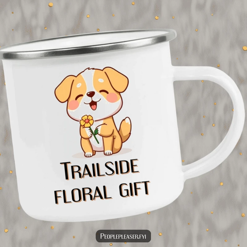 Funny Dog Camping Mug with a cheerful dog offering a flower, ideal for outdoor adventures and coffee lovers.
