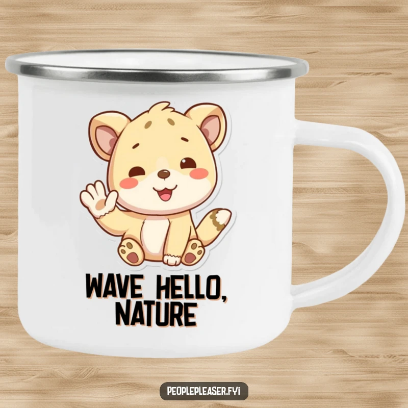 Funny camping mug featuring a playful animal character giving a welcoming wave, ideal for outdoor fun. A fantastic funny gift.