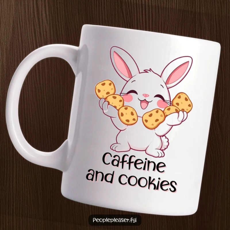 Funny Bunny Mug featuring a smiling bunny offering a pile of delicious cookies with open paws.