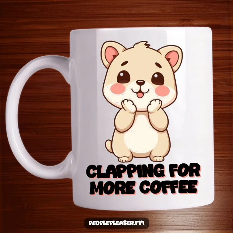 Funny Mug: An animal character with a huge smile, enthusiastically clapping its paws in approval.