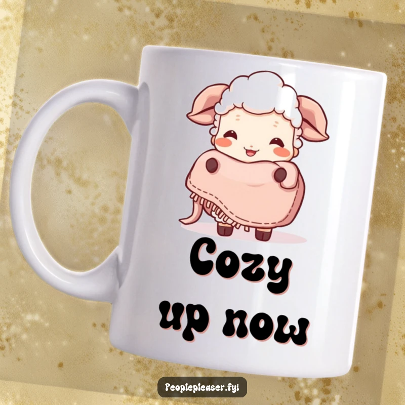 Funny Sheep Mug: A giggling sheep character joyfully offers a soft, cozy blanket, radiating warmth and happiness. Perfect funny gift!