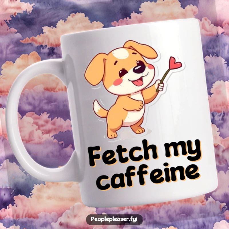 Funny mug featuring a playful dog character fetching a single, perfect stick, embodying enthusiasm and canine joy.
