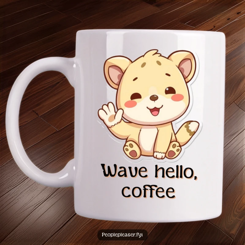 Funny mug with a cute animal character enthusiastically giving a friendly wave, embodying cheerful greetings. An ideal funny gift.