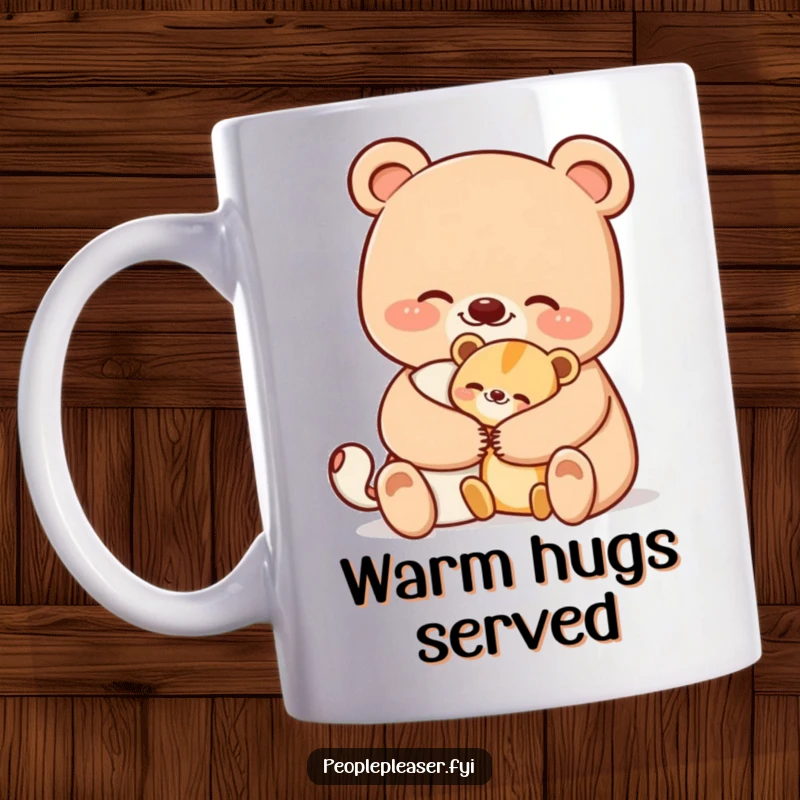 Funny bear mug showing a smiling bear character giving a warm, comforting hug to a smaller animal, radiating kindness and humor.