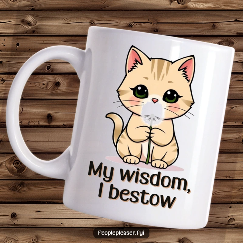 Funny cat mug featuring a cute, charming cat gently offering a fluffy dandelion puff, radiating sweetness and simple joy.