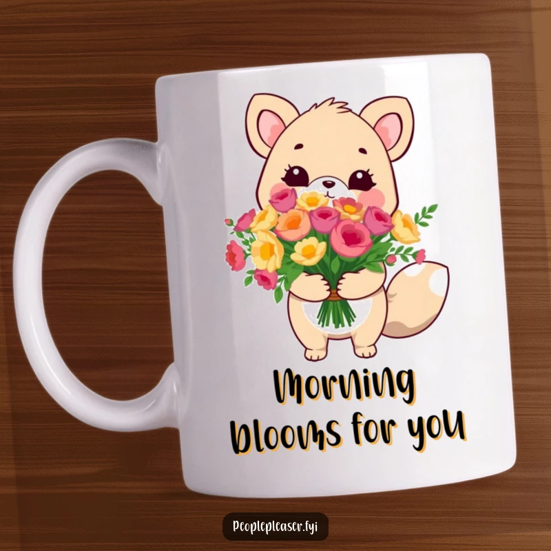 Funny cute animal mug, holding a massive, overflowing bouquet with a sweet smile, a humorous depiction of affection.