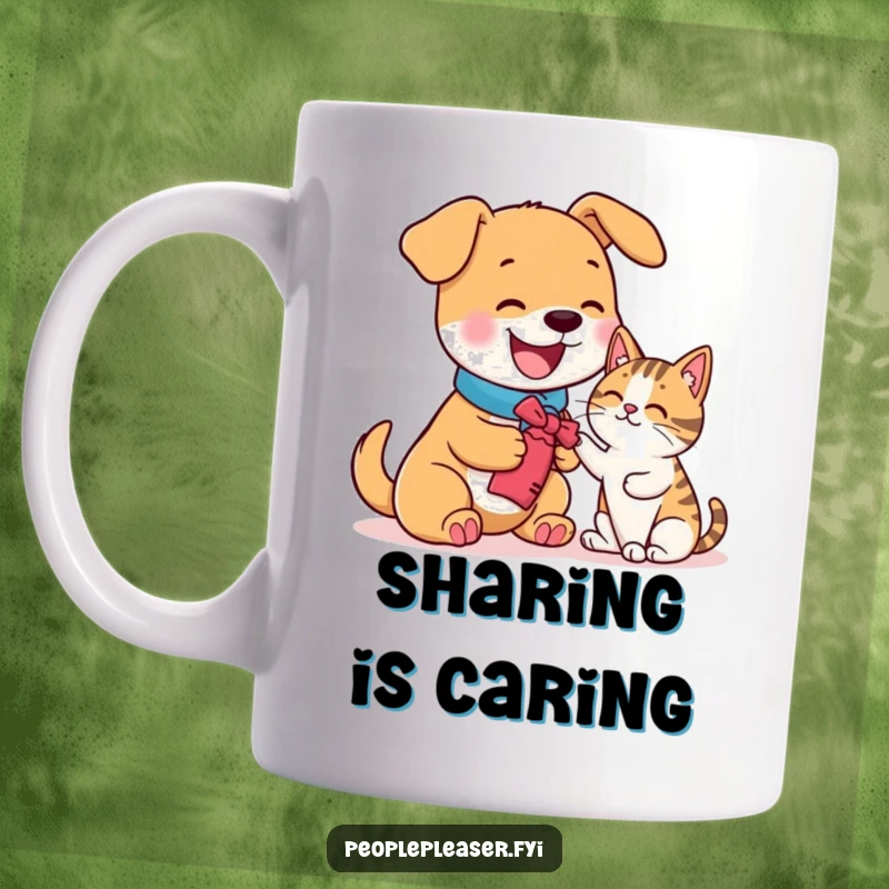 Funny mug showing a happy dog character offering a toy to a skeptical cat, promoting animal friendship.