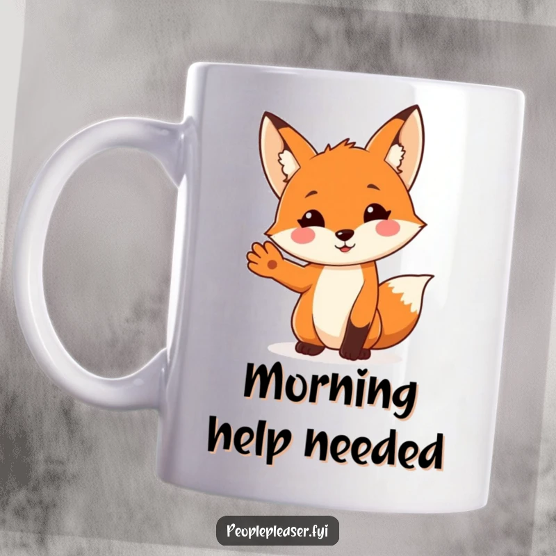 Funny Fox Mug: A happy fox character extends its paw in a friendly gesture of help, radiating warmth. Perfect funny gift!