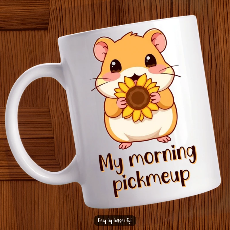 Funny Mug: Content hamster character happily offers one big sunflower seed, conveying a peaceful and humorous vibe.