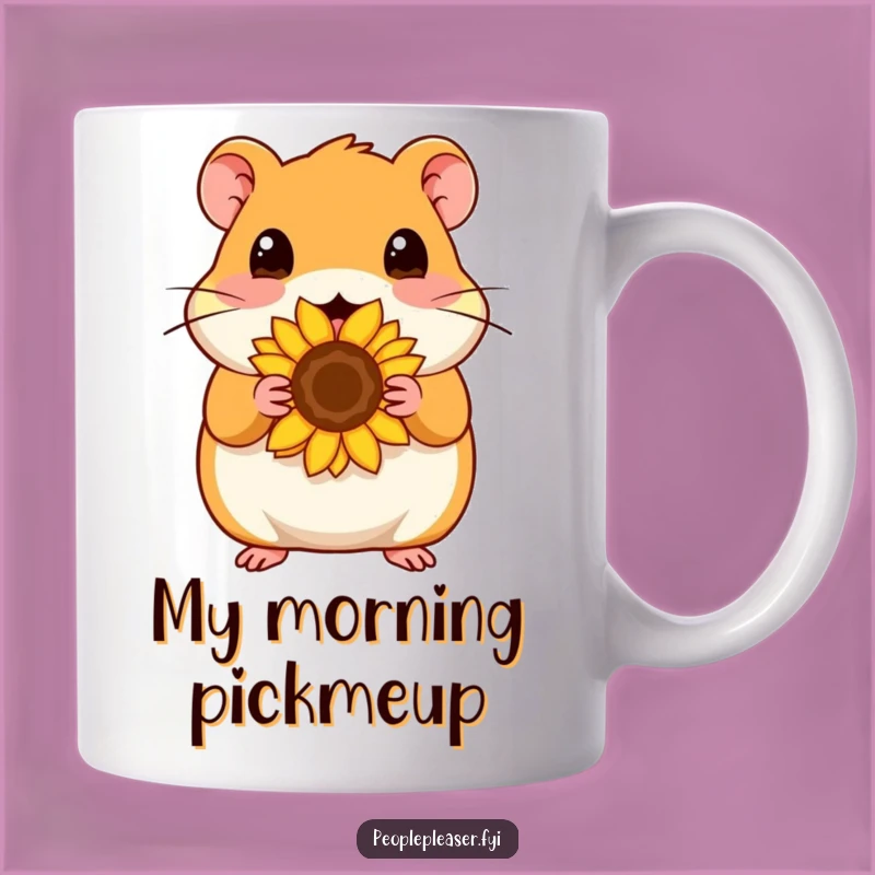Funny Hamster Seed Mug: Content hamster offers a sunflower seed, a perfect funny gift for seed lovers.