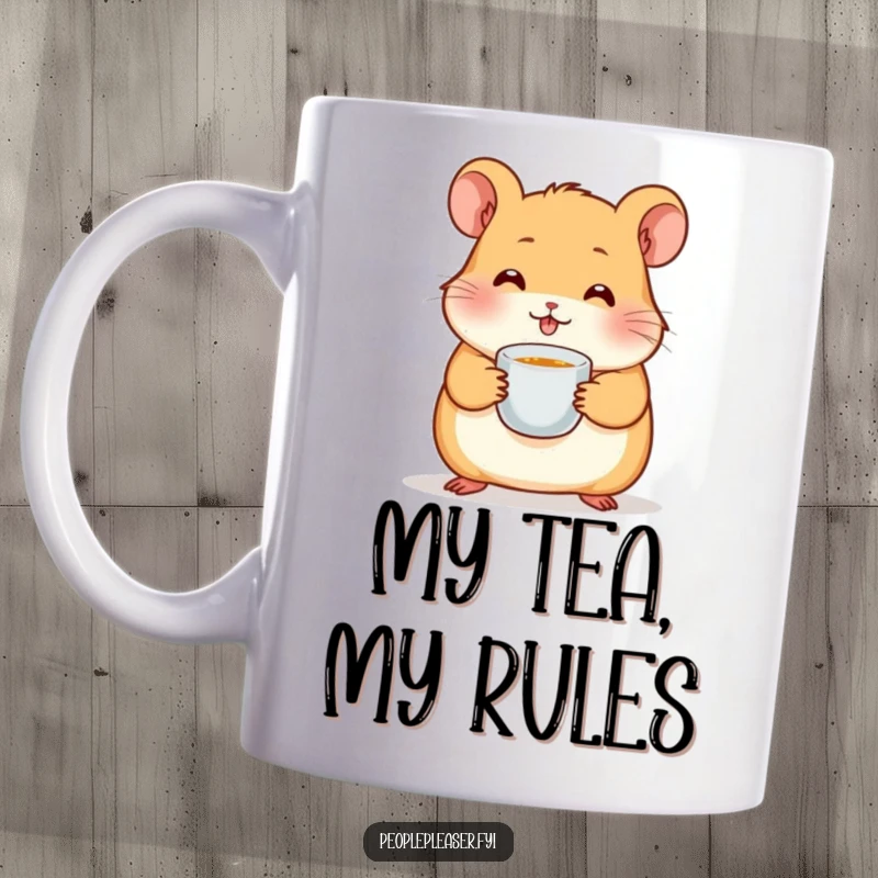 Funny hamster mug with a cute character bringing a tiny cup of tea, radiating warmth and comfort, ideal for tea lovers.