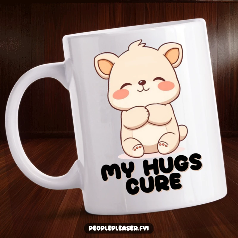 Funny Hugging Animal Mug: A sweet, shy creature offering a warm, comforting embrace, radiating kindness and affection.