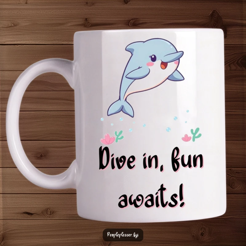 Funny Kawaii dolphin mug showing a joyful dolphin leaping playfully out of water, inviting everyone to join the fun.