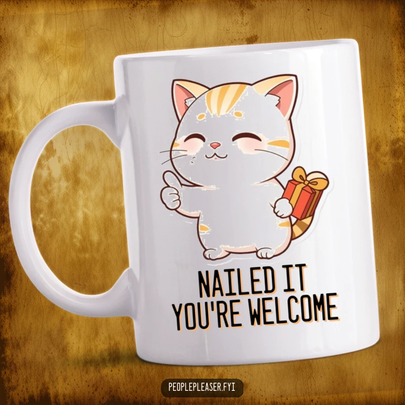 Funny mug with a nodding cat character giving a thumbs up, holding a small gift, radiating approval and humor for gift-givers.
