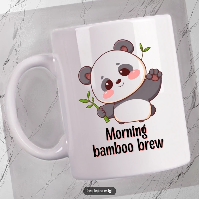 Funny mug featuring a blushing panda character offering a single bamboo shoot with a sweet smile, exuding kindness and adorable charm.