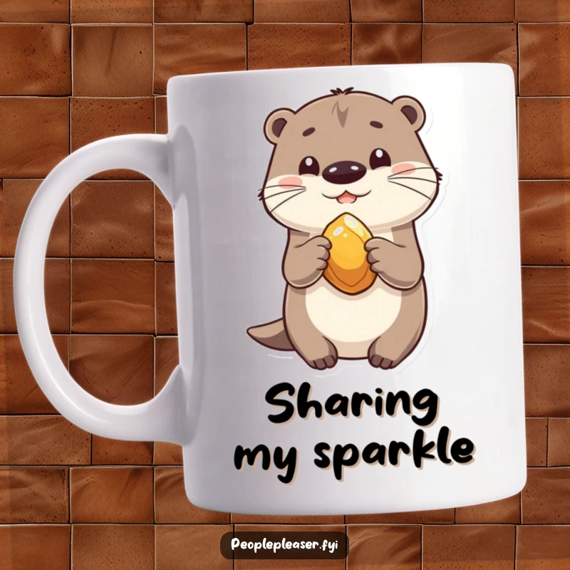 Funny mug featuring a playful otter happily sharing a shiny stone, symbolizing friendship and generosity.