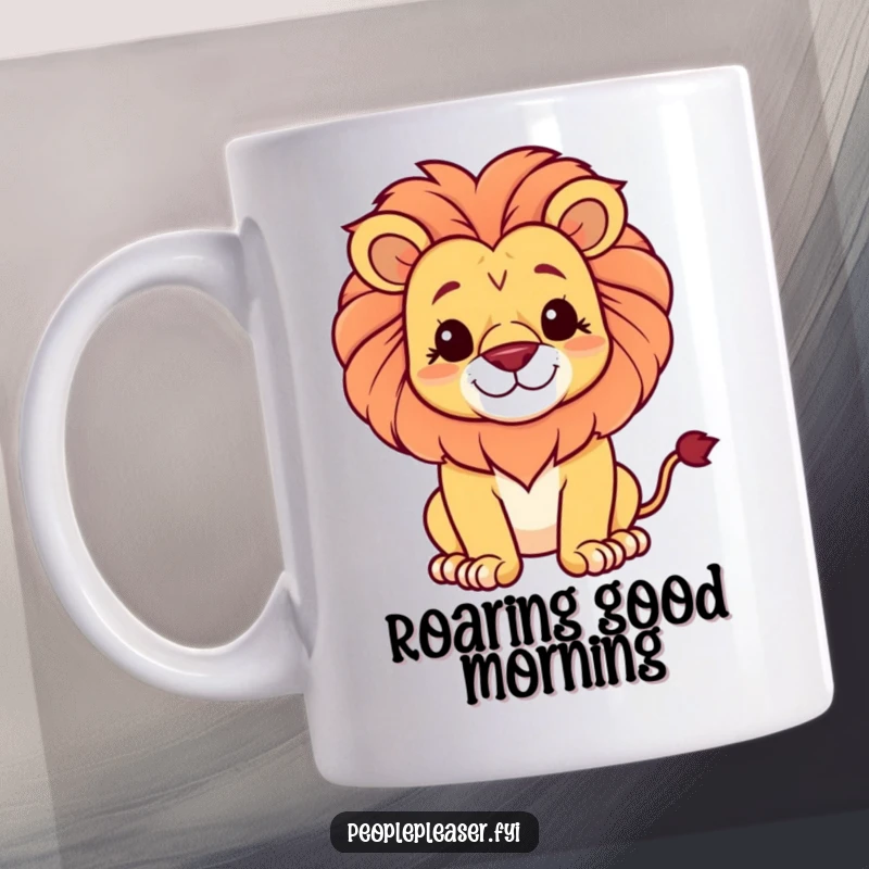 Funny mug featuring a proud lion with a soft, gentle smile, radiating quiet confidence and regality.