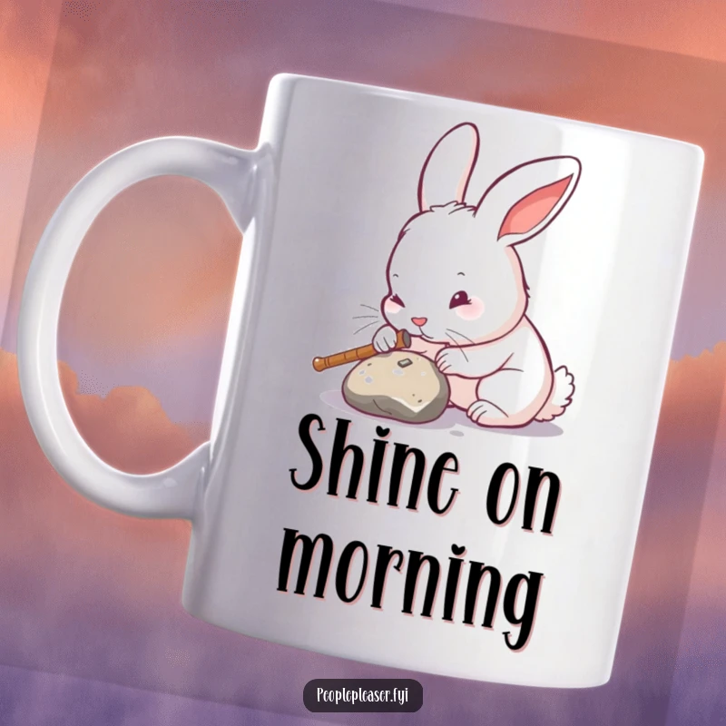 Funny rabbit mug, diligently polishing a found object until it gleams, showing intense focus and a love for pristine results.