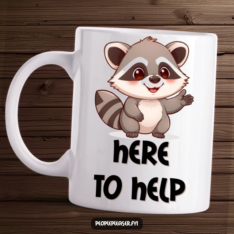 Funny raccoon mug with a curious character looking pleased while offering a helpful hand, symbolizing helpfulness and charm.
