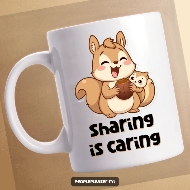 Funny squirrel mug showing a delighted character sharing a nut with a friend, symbolizing friendship and generosity with humor.