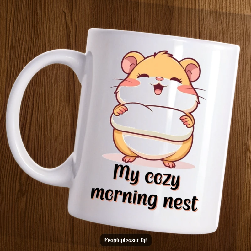 Funny mug featuring a giggling hamster character proudly presenting a perfectly rolled piece of bedding, showcasing its nest-building skills.