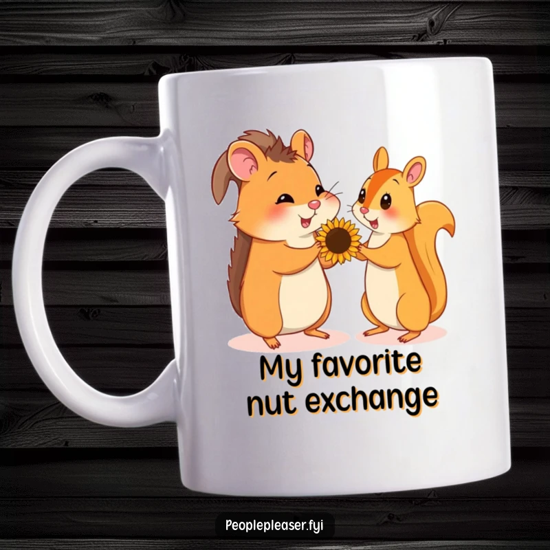 Funny mug with a playful hamster giving a sunflower seed to a happy squirrel, showcasing their cute bond.