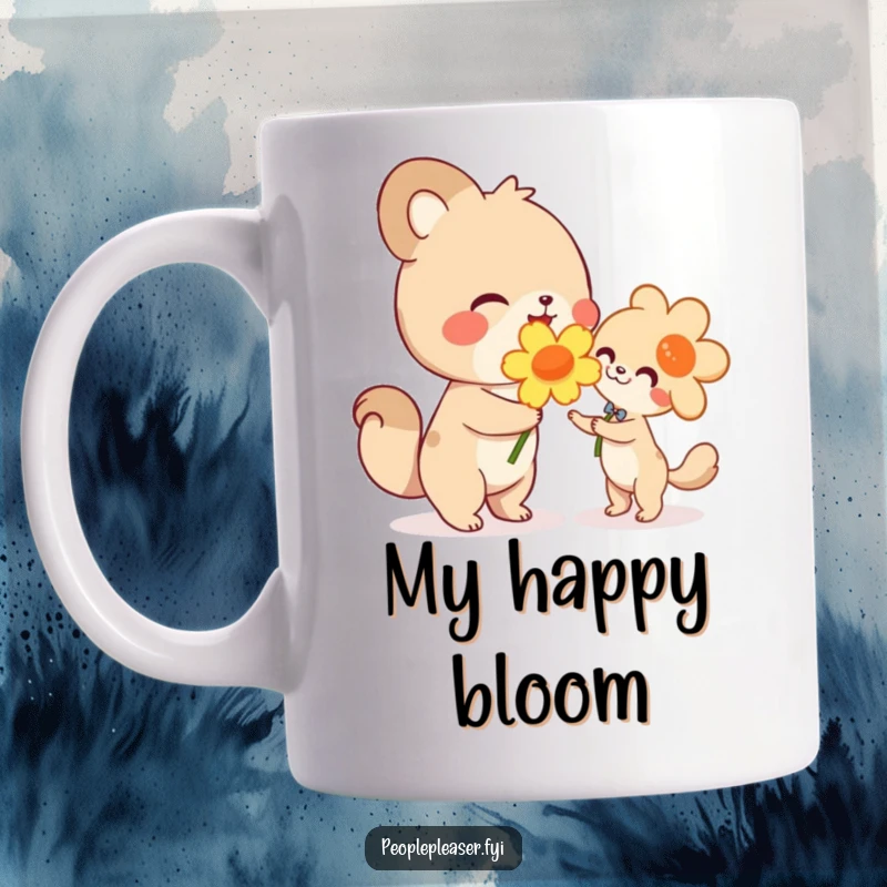 Funny mug, cute animal character beaming while handing a large flower to another, symbolizing generosity and friendship with happiness.