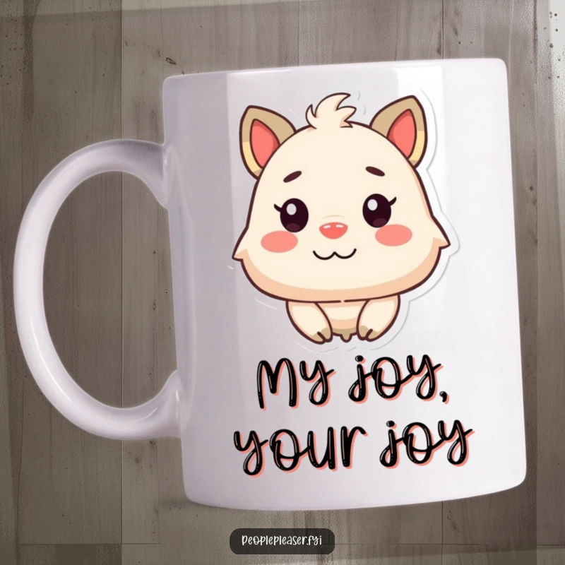 Funny Happy Face Mug: A contented animal character beaming at a cheerful, smiling face, radiating pure delight.