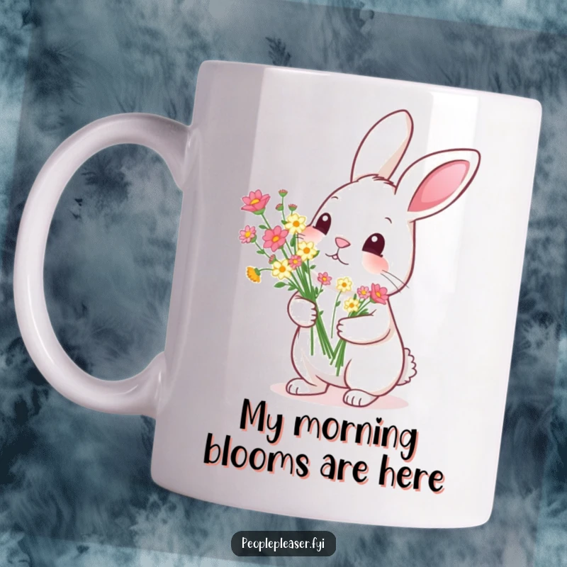 Funny Mug: Diligent rabbit proudly presents a perfect bouquet of tiny flowers, showcasing meticulous care and a sweet, humorous gesture.