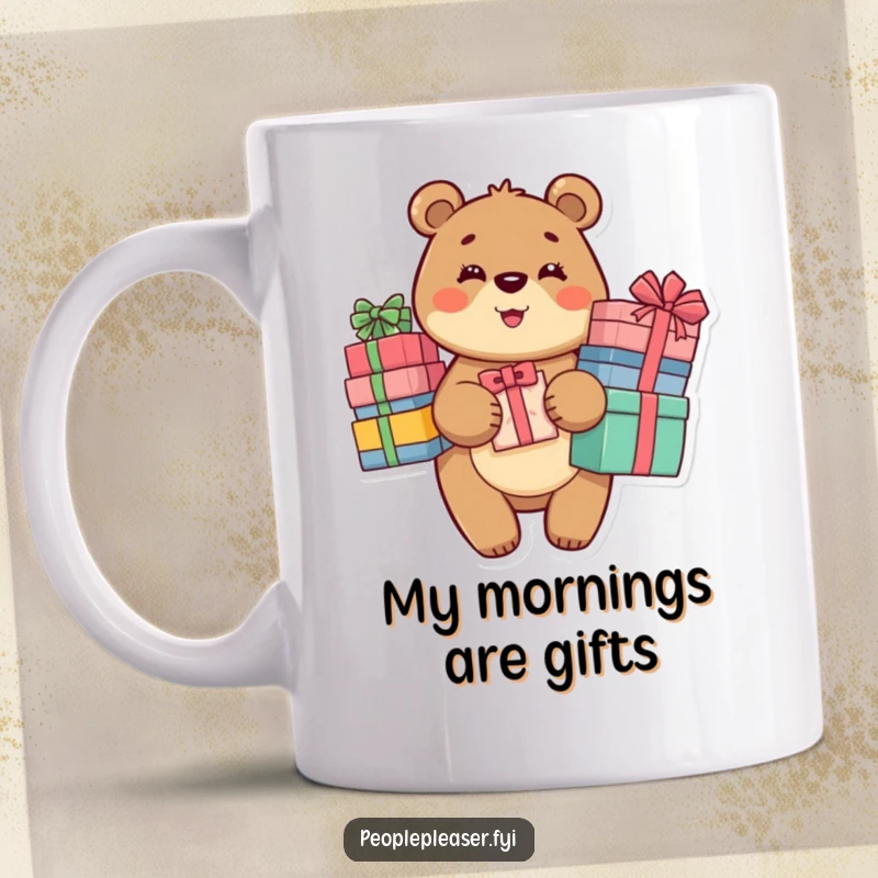 Funny Bear Mug featuring a beaming bear character holding a large stack representing many thoughtful gifts.