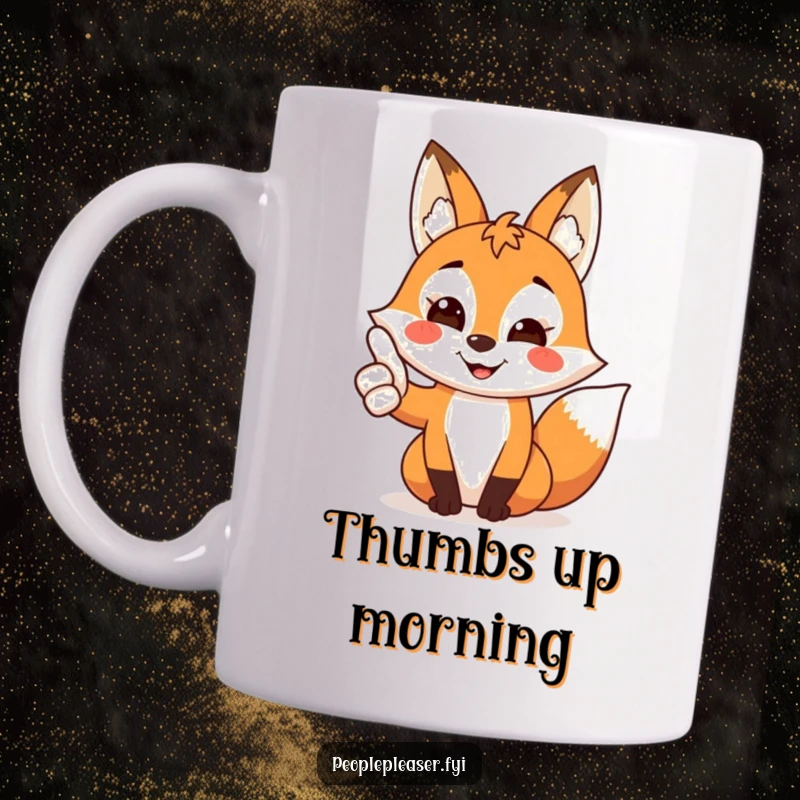 Funny Fox Mug featuring a friendly fox character giving a big thumbs up with a wide, happy smile.