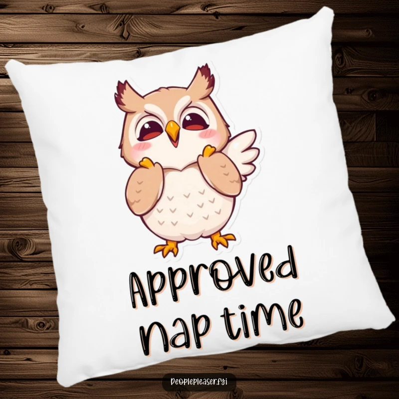 Funny pillow showcasing a joyful owl character clapping its wings in approval, offering comfort and a reminder of happiness.
