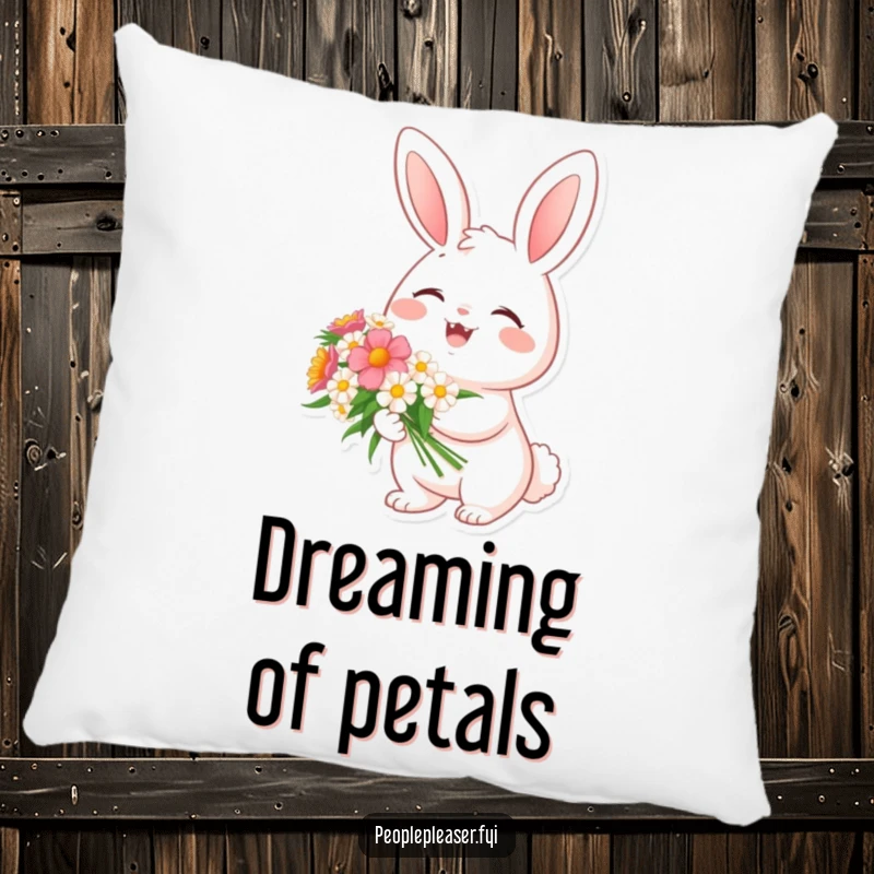 Funny pillow featuring a cheerful bunny character holding a bouquet of flowers, perfect for adding cozy, delightful spring vibes.