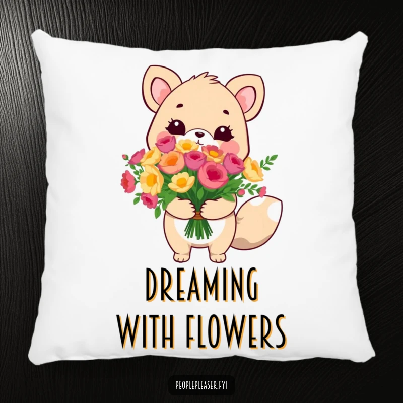 Funny cute animal pillow, holding a large bouquet with a sweet expression, a soft and humorous decorative item.