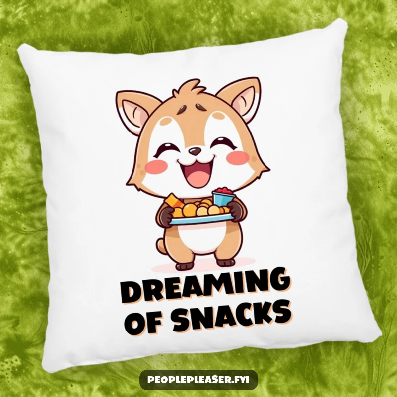 Funny pillow with a joyful animal character holding a tray brimming with snacks, perfect for adding cheer.