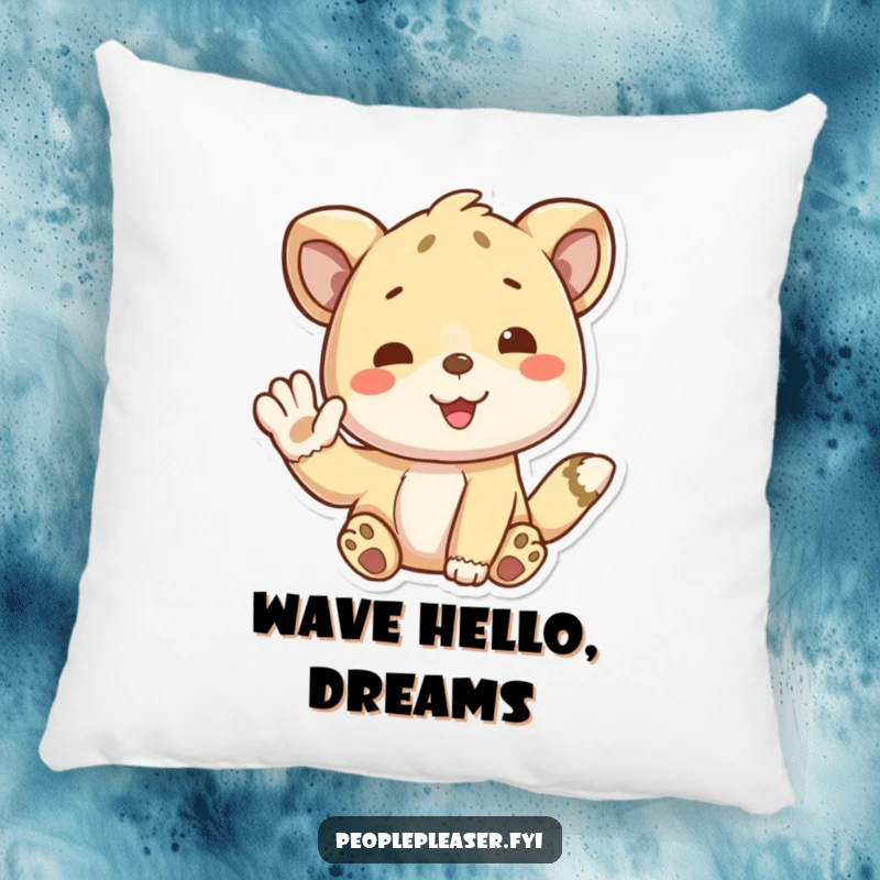 Funny plush pillow with a cute animal character giving a friendly wave, perfect for comfort and smiles. A sweet funny gift.