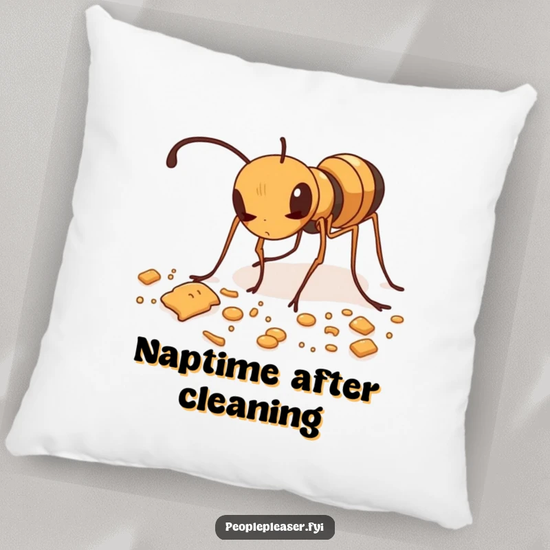 Funny pillow with a diligent ant meticulously tidying up scattered crumbs, soft and comforting.