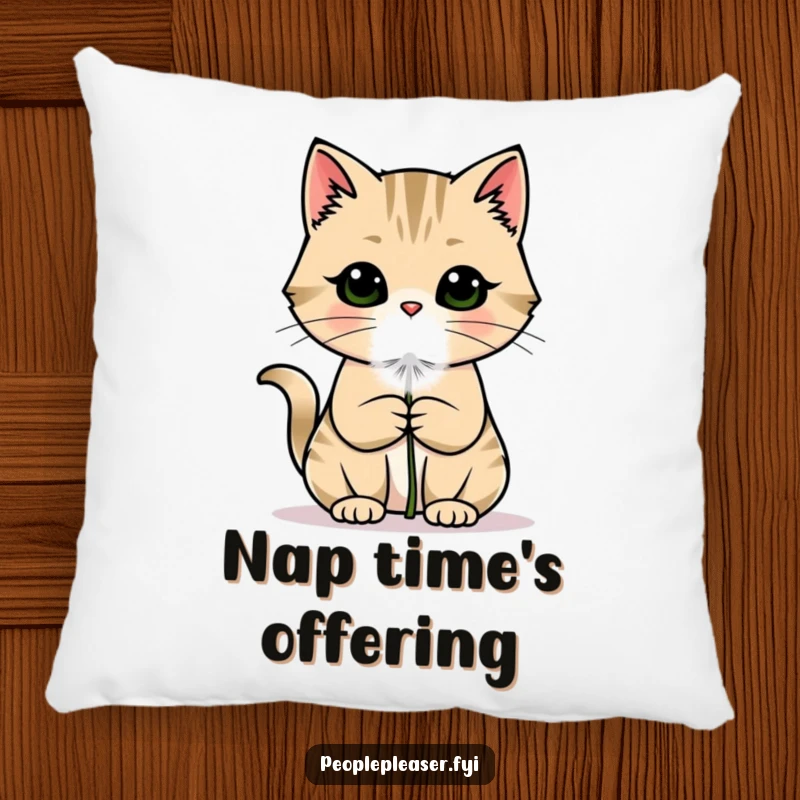 Funny cat pillow showcasing a charming cat gently offering a dandelion puff, adding a touch of whimsical comfort to any space.