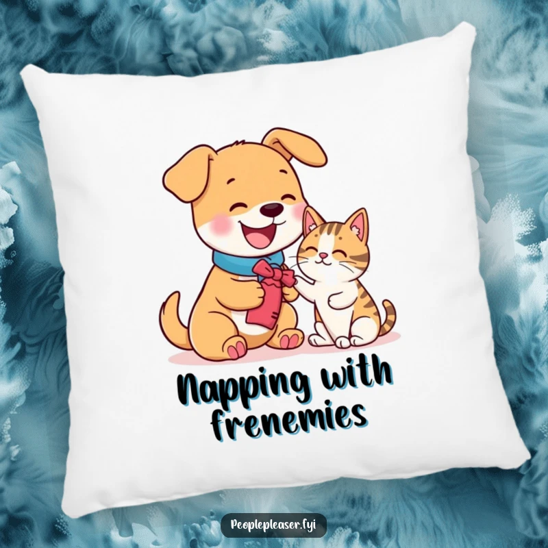 Funny decorative pillow with a happy dog offering a toy to a cat, soft and humorous.